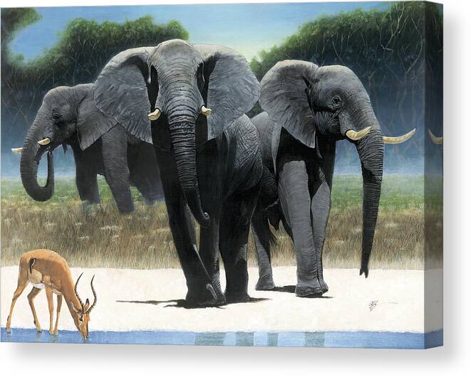 Elephants Canvas Print featuring the painting The Approach #1 by Durwood Coffey