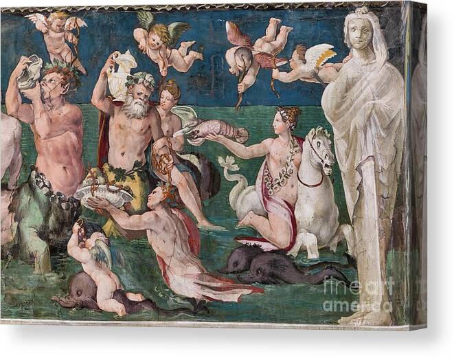 16th Century Canvas Print featuring the painting Triumph Of Venus, Marine Scene With Dolphins And Cupids, 1517-18 by Baldassarre Peruzzi