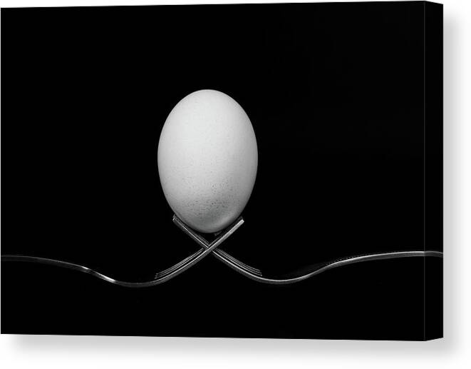 Egg Canvas Print featuring the photograph White egg resting on two metal and shiny forks on a black backg by Michalakis Ppalis