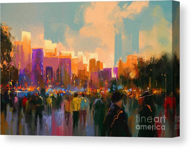 City Canvas Print featuring the digital art Beautiful Painting Of People In A City by Tithi Luadthong
