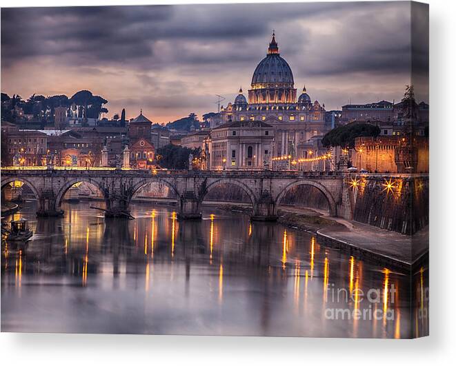 Capital Canvas Print featuring the photograph Illuminated Bridge In Rome Italy by Sophie Mcaulay