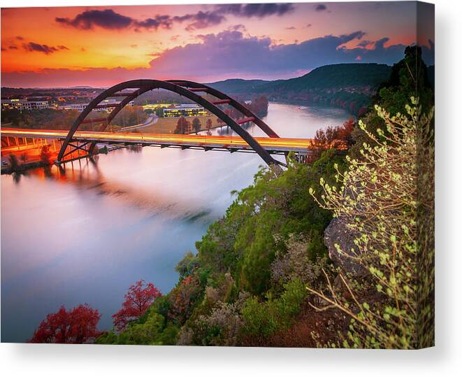 Sunset Canvas Print featuring the photograph 360 bridge, Pennybacker, Austin, Texas by Preston Broadfoot