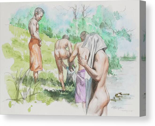 Male Nude Canvas Print featuring the painting A group of swimmers by Hongtao Huang