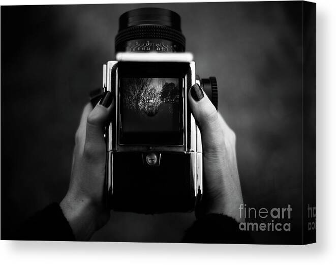 People Canvas Print featuring the photograph A Person Holding A Vintage Camera by Cornelia Pavlyshyn