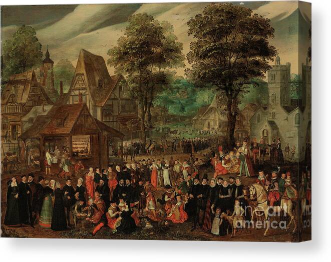 Celebration Canvas Print featuring the painting A Village Festival With Elegantly Dressed Figures In Procession, A River And Tower Beyond by Joris Hoefnagel