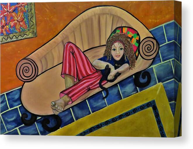 Portrait Canvas Print featuring the painting AJ on the couch by Joan Stratton