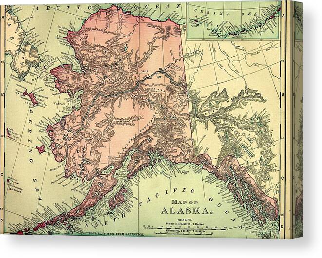 Engraving Canvas Print featuring the digital art Alaska Old Map by Nicoolay