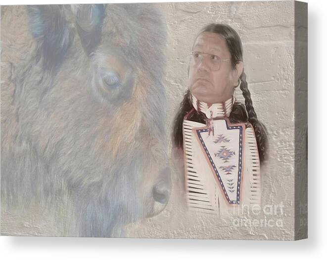 American Indian Canvas Print featuring the photograph American Indian and Buffalo by Dyle Warren