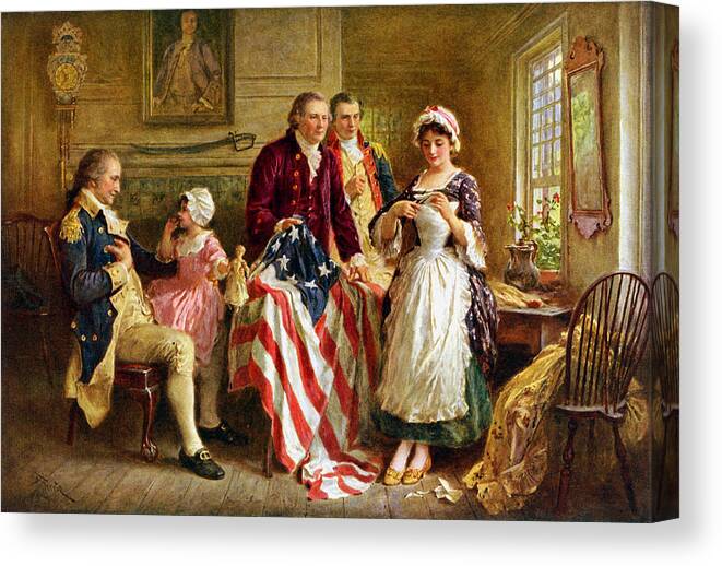 George Washington Canvas Print featuring the painting Betsy Ross and General George Washington by War Is Hell Store