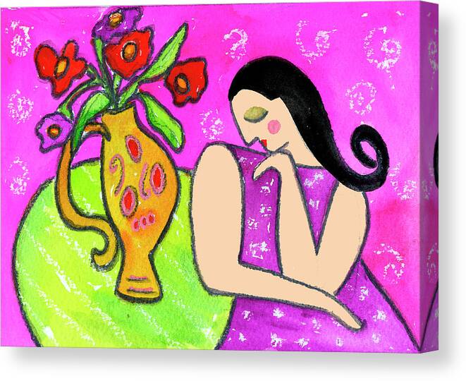 Big Shy Diva & Flower Vase Canvas Print featuring the painting Big Shy Diva & Flower Vase by Wyanne
