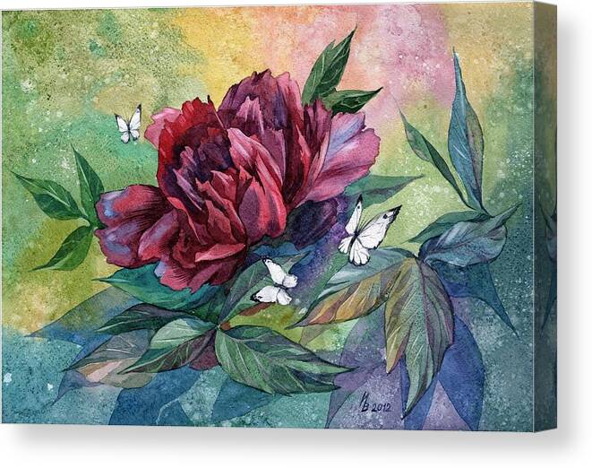 Russian Artists New Wave Canvas Print featuring the painting Black Peony Flower and Butterflies by Ina Petrashkevich