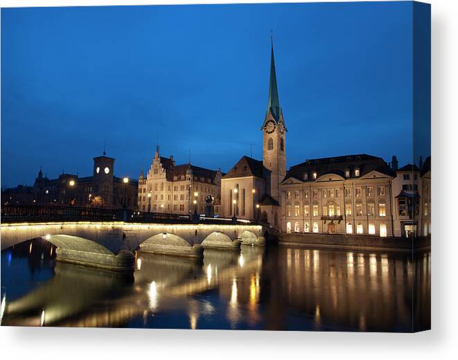 Scenics Canvas Print featuring the photograph Blue Hour In Zurich by Funky-data