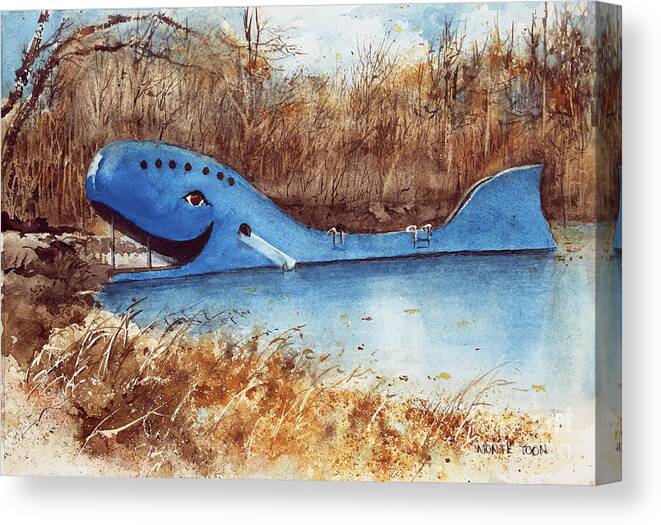 A Structure Representing A Blue Whale In A Former Swimming Hole On Route 66 Near Catoosa Canvas Print featuring the painting Blue Whale by Monte Toon