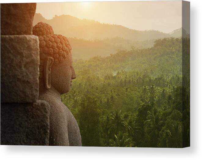 Close-up Canvas Print featuring the digital art Buddha, The Buddhist Temple Of Borobudur, Java, Indonesia by Lost Horizon Images