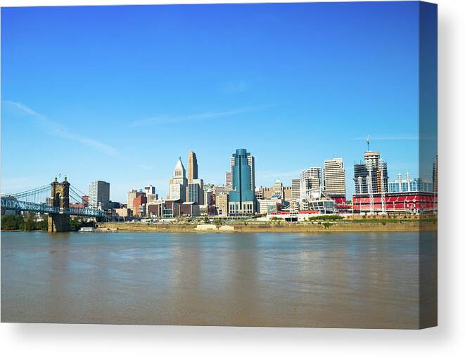 Great American Ball Park Canvas Print featuring the photograph Cincinnati Skyline, River, Bridge, And by Davel5957