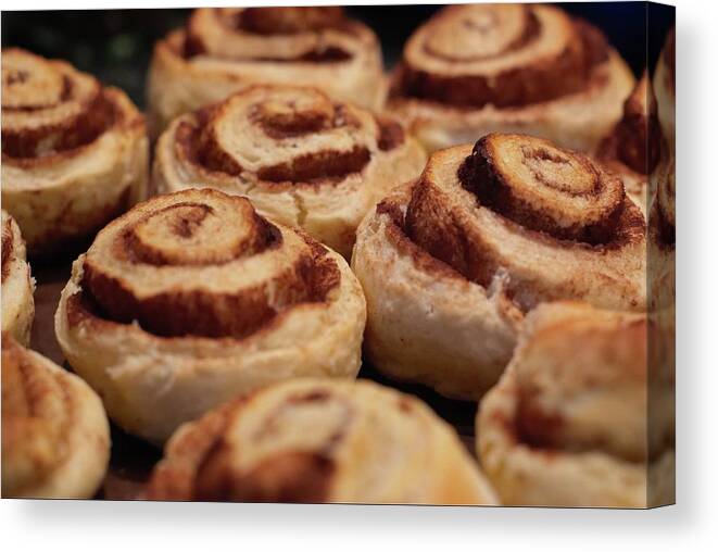 Unhealthy Eating Canvas Print featuring the photograph Cinnamon Pinwheel Scones On A Baking by Brenda Anderson