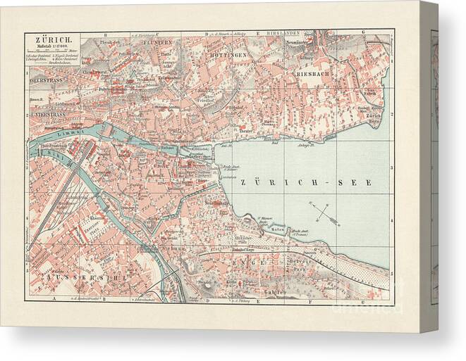 Engraving Canvas Print featuring the digital art City Map Of Zurich, Largest City by Zu 09
