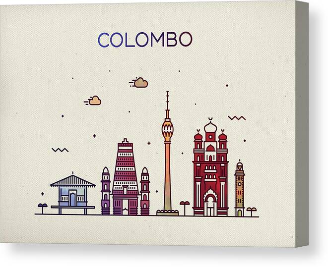 Colombo Canvas Print featuring the mixed media Colombo Sri Lanka Ceylon City Skyline Fun Whimsical Series Wide Bright by Design Turnpike