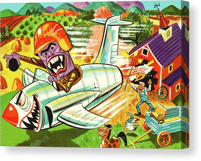 Agriculture Canvas Print featuring the drawing Crazy Jet Pilot Flying Over the Countryside by CSA Images