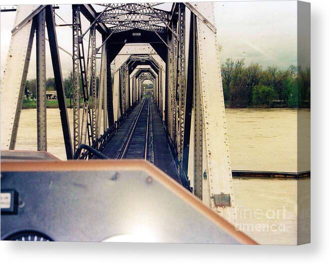 Train Canvas Print featuring the photograph RAIL BRIDGE - Crossing the Sacramento River - Flood Stage by John and Sheri Cockrell