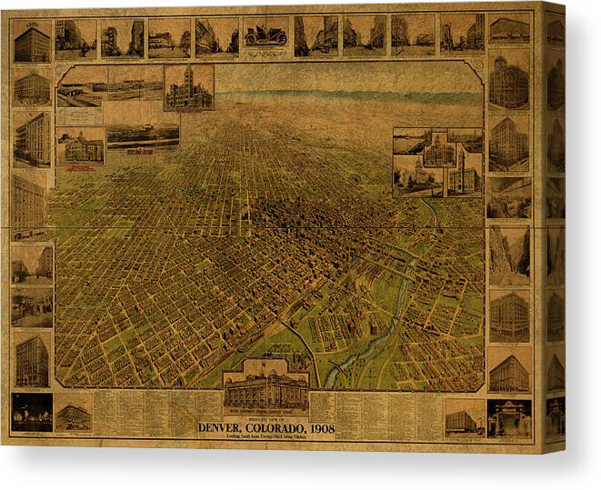 Denver Canvas Print featuring the mixed media Denver Colorado Vintage City Street Map 1908 by Design Turnpike