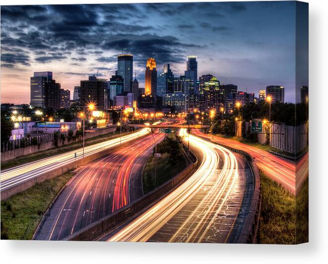 Downtown District Canvas Print featuring the photograph Downtown Minneapolis Skyscrapers by Greg Benz
