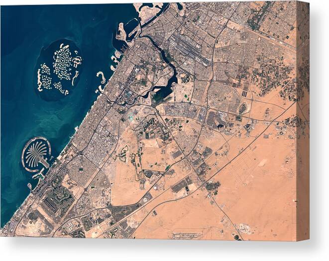 Satellite Image Canvas Print featuring the digital art Dubai from space by Christian Pauschert