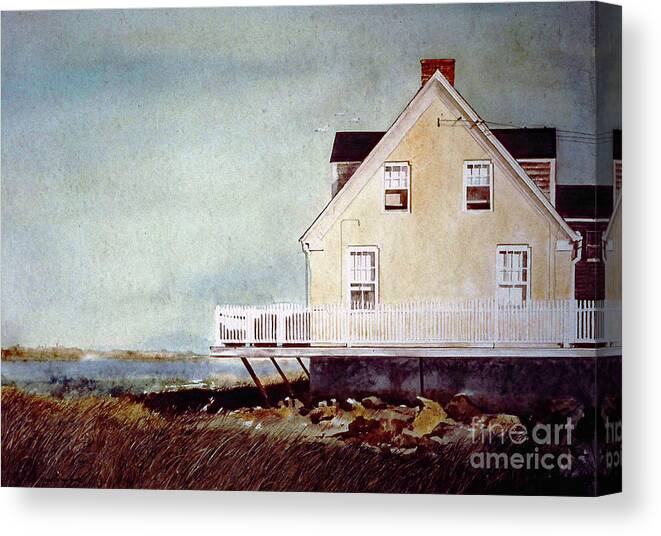 A Yellow Beach House Sets At The Edge Of A Salt Marsh East Of Newberry Port Canvas Print featuring the painting East Of Newberry Port by Monte Toon