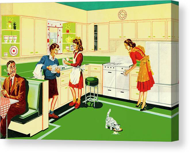Adult Canvas Print featuring the drawing Family in the Kitchen by CSA Images