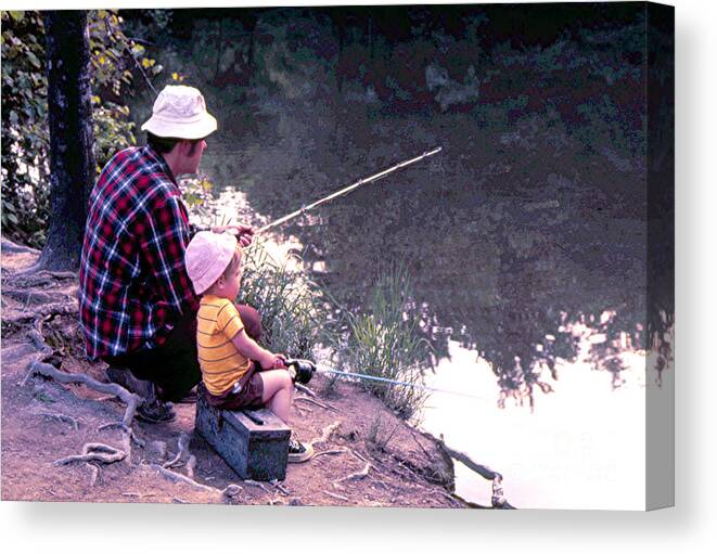 Father Canvas Print featuring the photograph Father 3 year old son great-grandfathers tackle box fishing friends by Robert C Paulson Jr