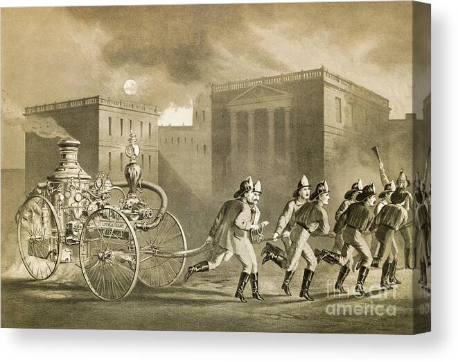 Art Canvas Print featuring the photograph Firemen Pulling Steam Fire Engine by Bettmann