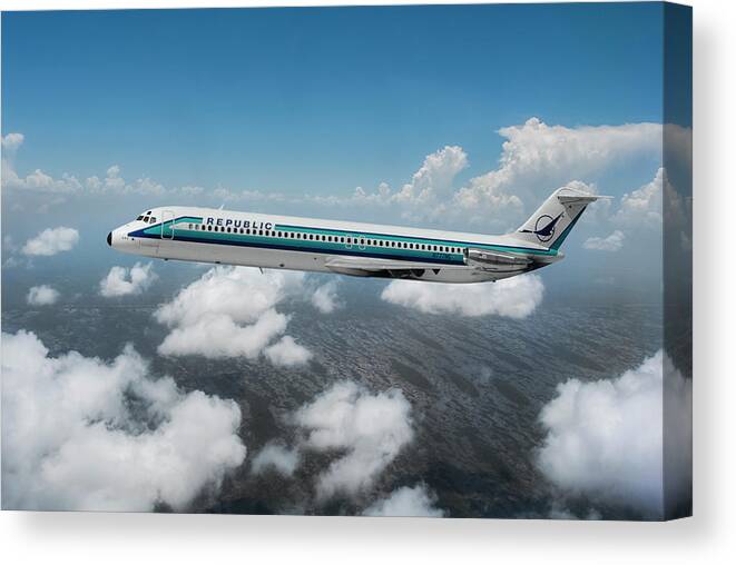 Republic Airlines Canvas Print featuring the mixed media First DC-9 with New Republic Airlines Livery by Erik Simonsen