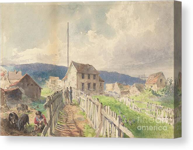 Gouache Canvas Print featuring the drawing First Telegraph House At Hearts Content by Heritage Images