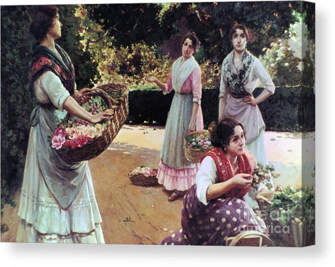 Three Quarter Length Canvas Print featuring the drawing Flower Sellers Of Seville. Artist Jose by Print Collector