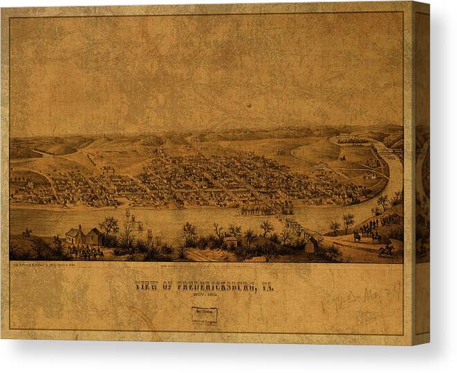 Fredericksburg Canvas Print featuring the mixed media Fredericksburg Virginia Vintage City Street Map 1862 by Design Turnpike