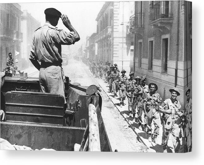 Marching Canvas Print featuring the photograph General Montgomery Greets British Army by Bettmann