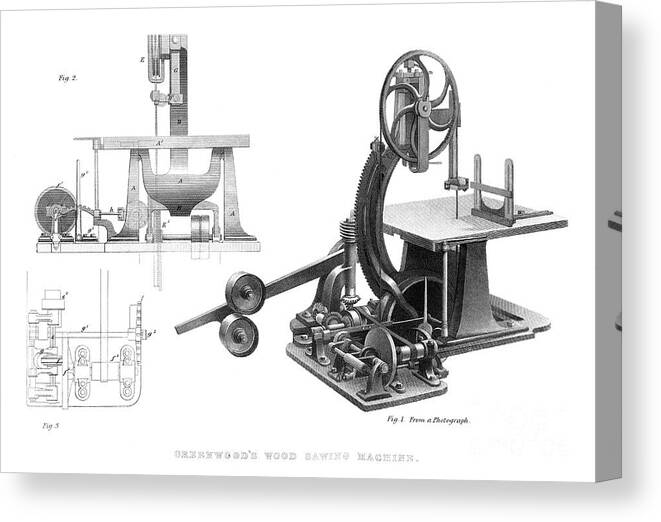 Engraving Canvas Print featuring the drawing Greenwoods Wood Sawing Machine, 1886 by Print Collector