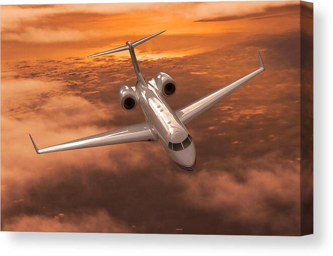 Gulfstream 550 Business Jet Canvas Print featuring the digital art Gulfstream 550 Out of the Sunset by Erik Simonsen