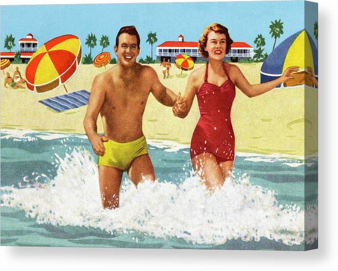 Adult Canvas Print featuring the drawing Happy Couple at the Beach by CSA Images