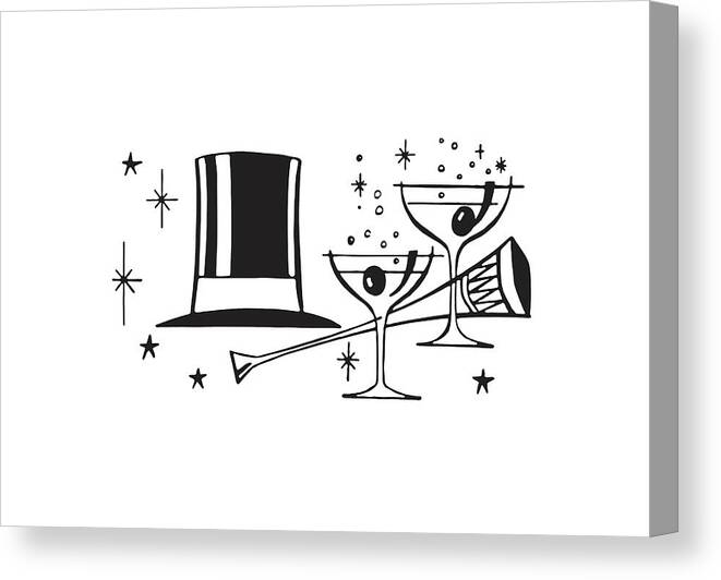 Accessories Canvas Print featuring the drawing Hat Champagne and Horn for Happy New Year by CSA Images