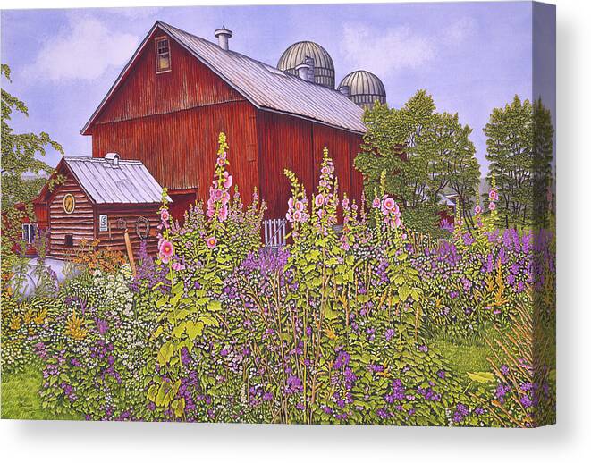 Barn With Hollyhock Gardens Around It Canvas Print featuring the painting Hollyhock Garden by Thelma Winter