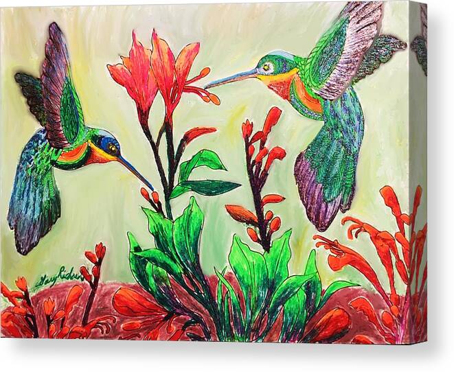 Hummingbirds Canvas Print featuring the drawing Hummingbirds and Canna lilies by Gary F Richards