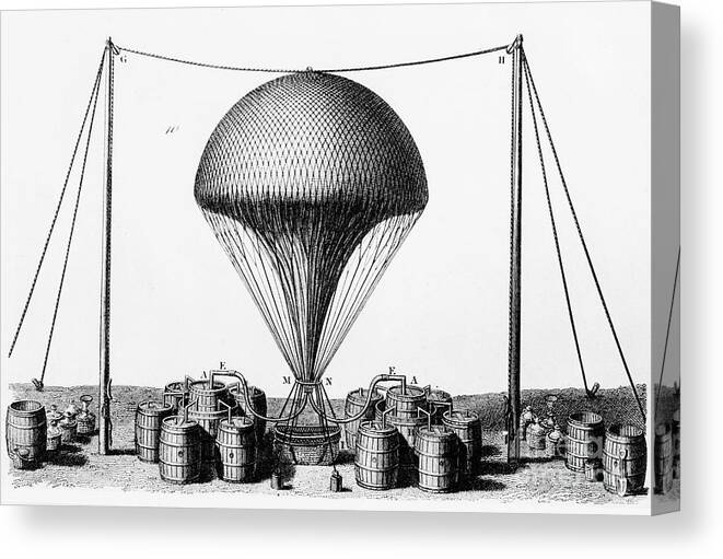 Engraving Canvas Print featuring the drawing Inflating A Hydrogen Balloon, 1845 by Print Collector
