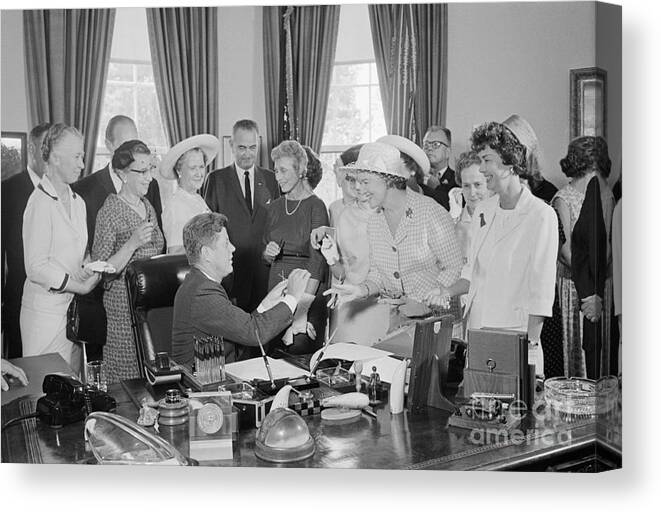 Working Canvas Print featuring the photograph John F Kennedy Celebrating Equal Pay Law by Bettmann