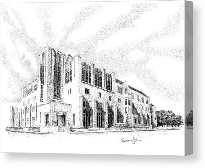 Kelly School Of Business Canvas Print featuring the drawing Kelly School of Business, Indiana University, Bloomington, Indiana by Stephanie Huber