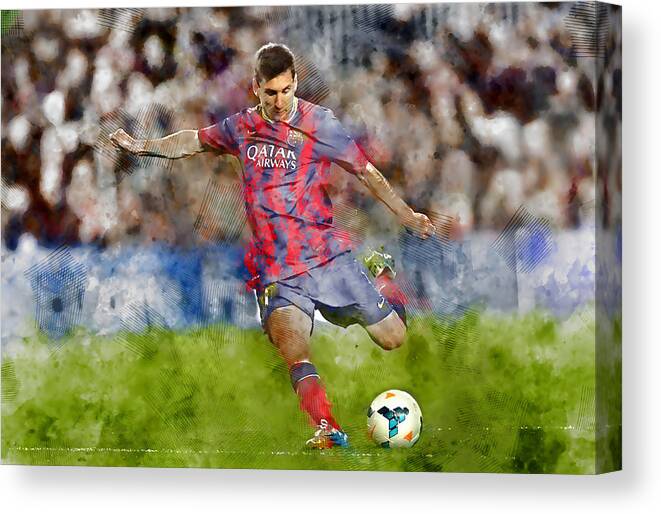 Lionel Messi Canvas Print featuring the mixed media Lionel Messi by Marvin Blaine