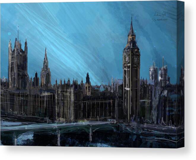 United Kingdom Canvas Print featuring the digital art London landscape painting by Andrea Gatti