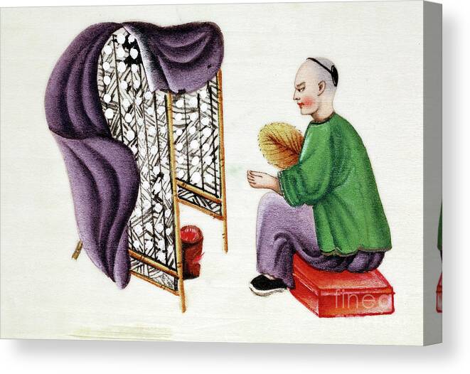 People Canvas Print featuring the drawing Man Drying Silkworm Cocoons, 19th by Print Collector