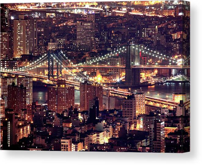 Suspension Bridge Canvas Print featuring the photograph Manhattan And Brooklyn Bridges by Rob Kroenert
