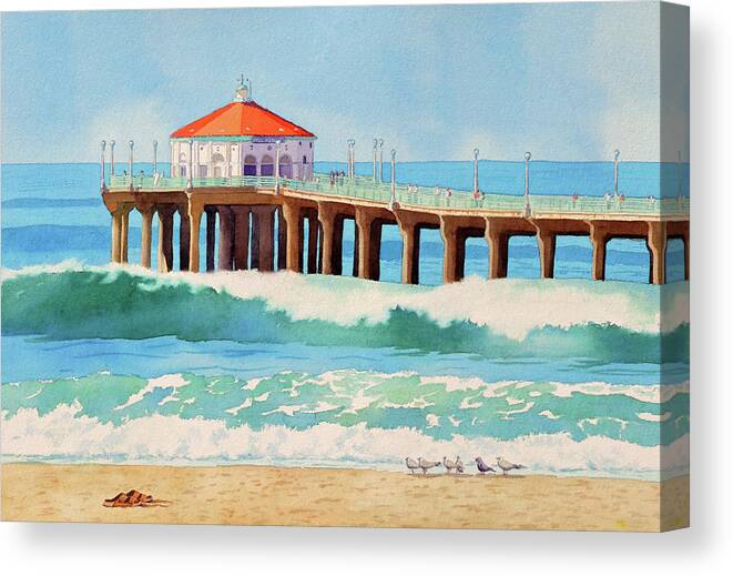 Seascape Canvas Print featuring the painting Ruby's Huntington Beach Pier by Mary Helmreich